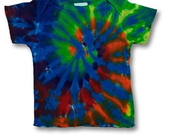 6 month Lap T with rainbow spiral tiedye with turquoise on Rabbit Skins 100% Organic Cotton