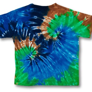 Kids size 5 to 6 t-shirt double spiral tiedye with blues green and brown on Rabbit Skins 100% Organic Cotton image 2