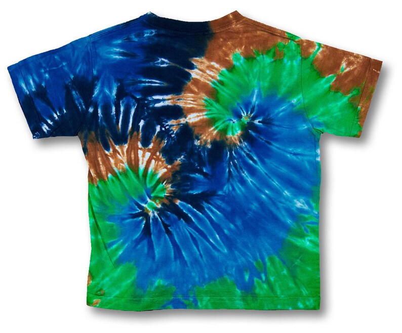 Kids size 5 to 6 t-shirt double spiral tiedye with blues green and brown on Rabbit Skins 100% Organic Cotton image 2