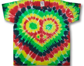 Youth Large rasta colored heart peace sign tiedye on SOS from Texas 100% Made in USA Organic Cotton