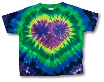 Kids Size 4 t-shirt heart peace sign tiedye with blues, purples and greens on Rabbit Skins 100% Organic Cotton