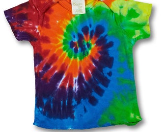 6 month Lap T with rainbow spiral tiedye on Rabbit Skins 100% Organic Cotton