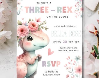 Dinosaur Invitation Girl | Pastel Dino Theme | Third Birthday Invite | Digital Invitation | Canva Template