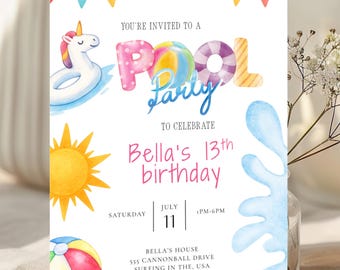 Pool Party Birthday Invitation | Kids Swimming Party | Summer Party Invite | Editable Digital Invitation | Printable Canva Template
