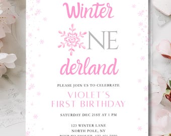 Winter ONEderland First Birthday Party Invitation | Pink Snowflake Girls Winter Invite | Canva Template