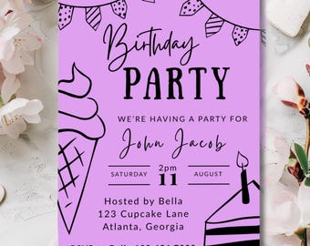 Purple Birthday Invitation | Editable Birthday Invitation Template | Printable Canva Invite | Invitation Canva Template