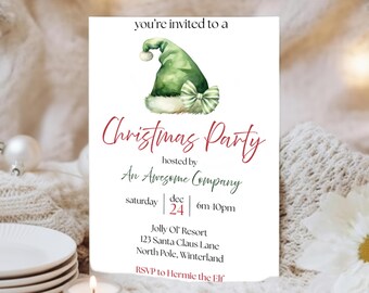 Green Santa Hat Christmas Party Invitation Secret Santa Holiday Work Celebration Christmas Event Gathering Digital Invitation Canva Template