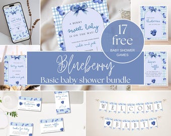 Baby Shower Bundle Basics | Blueberry Theme Baby Shower | Berry Sweet Baby | Digital Invite | Canva Template | BS01