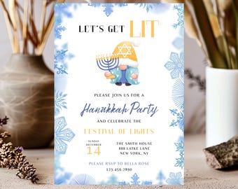 Gnome Festival of Lights Hanukkah Invite | Menorah Lighting Invite | Printable Jewish Holiday Party  Digital Download Template