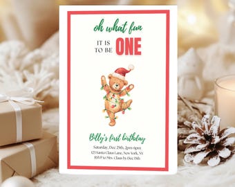 Christmas Bear First Birthday Party Invitation |  Beary Merry Christmas Birthday Invite | Digital Christmas Birthday Invite | Canva Template