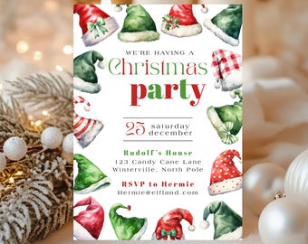 Christmas Party Invitation | Santa Hat Holiday Gathering Invite | Secret Santa Work Party | Digital Printable Canva Template Invitation
