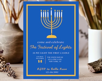 Hanukkah Invitation | Festival of Lights Party | Menorah Lighting | Editable Jewish Holiday Digital Download Template