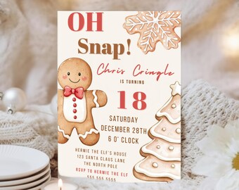 Oh Snap Gingerbread Man Printable Birthday Party Invitation | Christmas Birthday Invite Holiday Birthday | Digital Invitation Canva Template