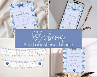 Paquete Mini para Baby Shower con Tema de Arándanos / Paquete para Fiesta Temática de Arándanos para Niño / Baby Shower Azul / Invitación Digital / Plantilla Canva / BS01