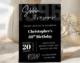 30th Birthday Invitations | Surprise Birthday Party Invitation | Simple Modern Black Theme | Digital Invitation Template