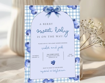 Blue Baby Shower Invitation | Boy Baby Shower Invite | Berry Sweet Baby Shower Invitation | Blueberry Theme | Editable Canva Template | BS01