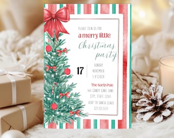 Könnte beinhalten: Eine Weihnachtsparty-Einladung mit Aquarelldesign. Die Einladung zeigt einen Weihnachtsbaum, eine rote Schleife und den Text "a merry little Christmas party". Das Datum ist der 17. November.