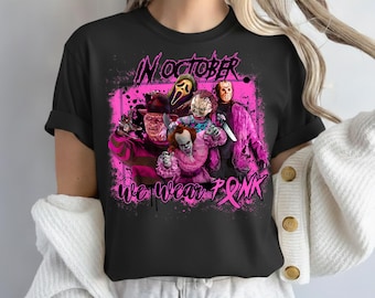 Im Oktober tragen wir Pink PNG, Horrorfilm inspiriert Brustkrebs Bewusstsein Design, gruselige Slasher Pink Halloween, gruselige Krankenschwester Survivor Shirt