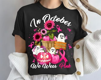 Im Oktober tragen wir Pink PNG, Brustkrebs Halloween PNG, Pink Kürbis Ghost Awareness Design, Brustkrebs Überlebende Shirt, digitaler Download