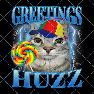 Op de afbeelding: Digitale afbeelding van een kat met een kleurrijke baseballcap en een spiraallolly. De woorden "GREETINGS HUZZ" staan in blauwe, gestileerde tekst. De achtergrond is zwart met bliksemflitsen en een rasterpatroon.