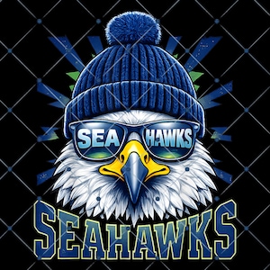 May include: A graphic of a stylized eagle wearing a blue knit cap and sunglasses with the words "SEA HAWKS" on the glasses. The eagle has a yellow beak and white feathers. The word "SEAHAWKS" is also displayed in blue at the bottom.