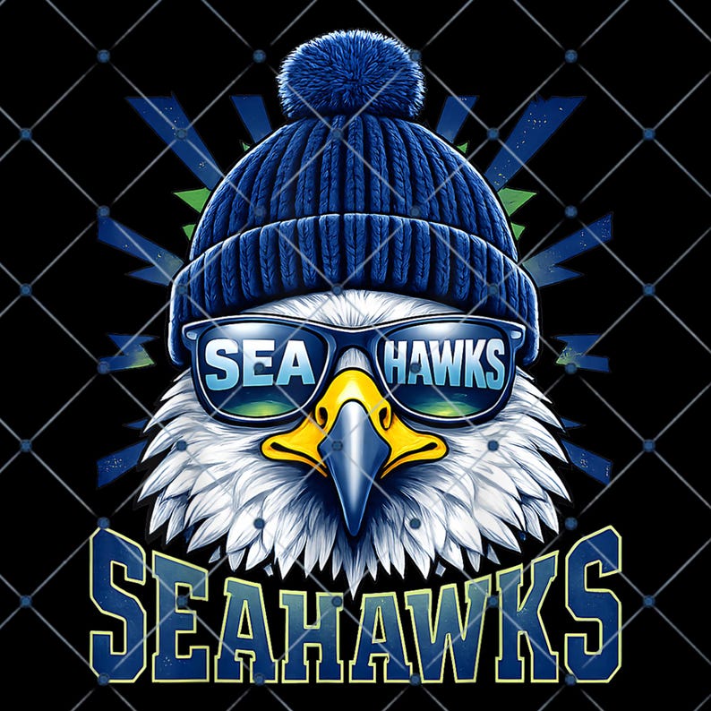 May include: A graphic of a stylized eagle wearing a blue knit cap and sunglasses with the words "SEA HAWKS" on the glasses. The eagle has a yellow beak and white feathers. The word "SEAHAWKS" is also displayed in blue at the bottom.
