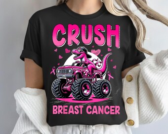 Crush Brustkrebs PNG, Pink Dinosaurier Monster Truck PNG, Brustkrebs Shirt Design, Pink Ribbon Unterstützung PNG, digitaler Download