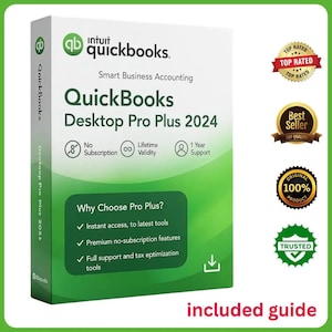 Puede incluir: Caja de software QuickBooks Desktop Pro Plus 2024. La caja es blanca y verde con el logotipo de QuickBooks e información del producto. Incluye sin suscripción, validez de por vida y 1 año de soporte. Incluye una guía.