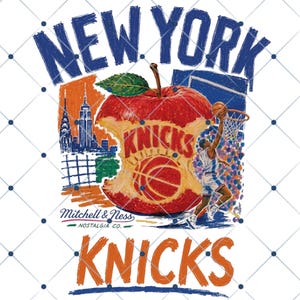 May include: A graphic design featuring the text NEW YORK in blue, a red apple core with a basketball graphic, and a basketball player dunking. The design includes a city skyline, the text KNICKS in orange, and the Mitchell & Ness Nostalgia Co. logo.