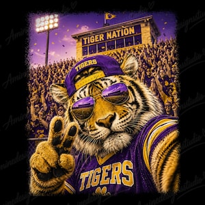Puede incluir: Una mascota de tigre con gorra de béisbol y gafas de sol moradas y doradas, haciendo el signo de la paz con una pata. El tigre viste una camiseta morada y dorada con la palabra TIGERS. El fondo muestra un estadio con el texto TIGER NATION.