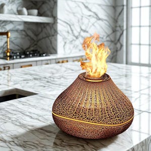 Peut inclure: Une lampe décorative en forme de flamme, de couleur bronze, avec un design ajouré texturé. La lampe émet une flamme vive et vacillante par le haut. La lampe est posée sur un comptoir en marbre.