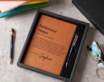 Difference Maker Journal | Custom Notebook & Pen Set | Personalized Leather Diary with Gift Box | Mentor Present | Coworker Appreciation