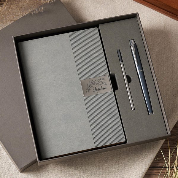 Personalized Notebook Gift Set | A5 Leather Journal with Pen, Custom Name Metal Plate Diary