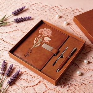 Personalized Birth Month Flower Vegan Leather Journal | A5 Notebook Gift Set