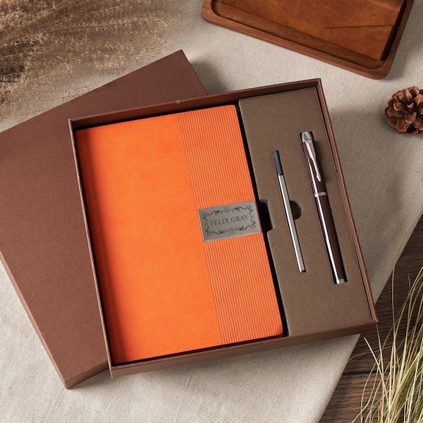 Personalized Notebook Gift Set | A5 Leather Journal with Pen, Custom Name Metal Plate Diary