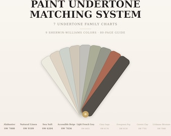 May include: A paint undertone matching system guide featuring a fan deck of nine color swatches in shades of white, beige, gray, green, and brown. The text reads THE GLOBAL ABODE PAINT UNDERTONE MATCHING SYSTEM 7 UNDERTONE FAMILY CHARTS 9 SHERWIN-WILLIAMS COLORS 80-PAGE GUIDE.