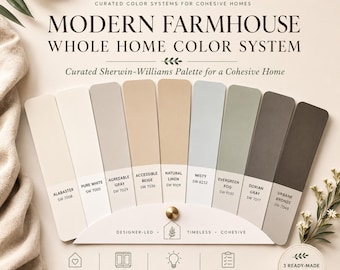 May include: A color palette fan deck titled The Global Abode Modern Farmhouse Whole Home Color System. It features nine Sherwin-Williams paint swatches in shades of white, beige, gray, green, and dark brown, arranged in a semi-circle.