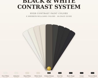 May include: A fan deck of nine Sherwin-Williams paint color samples ranging from white to black, titled The Global Abode Black & White Contrast System. The guide includes 84 pages and features colors like Pure White, Alabaster, and Tricorn Black.