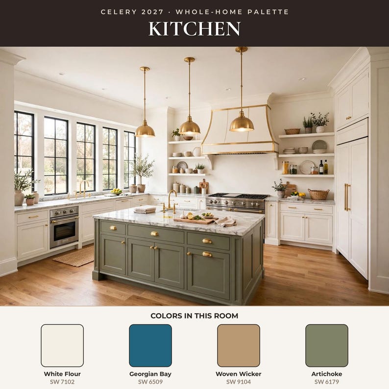 May include: A kitchen interior featuring a sage green island with a marble countertop, white cabinetry, brass pendant lights, and a range hood. Text at the top reads CELERY 2027 WHOLE-HOME PALETTE KITCHEN. Color swatches include White Flour, Georgian Bay, Woven Wicker, and Artichoke.