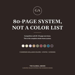 May include: A dark brown graphic featuring the text 80-PAGE SYSTEM, NOT A COLOR LIST. Below, it states Competitors sell 20-35 page overviews. This is the complete whole-home system. Includes nine colored circles, 9 SHERWIN-WILLIAMS COLORS, 5 PATHS, 12 ROOMS, and THE GLOBAL ABODE CURATED COLOR SYSTEMS FOR COHESIVE HOMES.