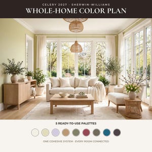 May include: A whole-home color plan by Sherwin-Williams titled Celery 2027. The image displays a living room with a light-colored sofa, wooden coffee table, and console, featuring five ready-to-use color palettes at the bottom.