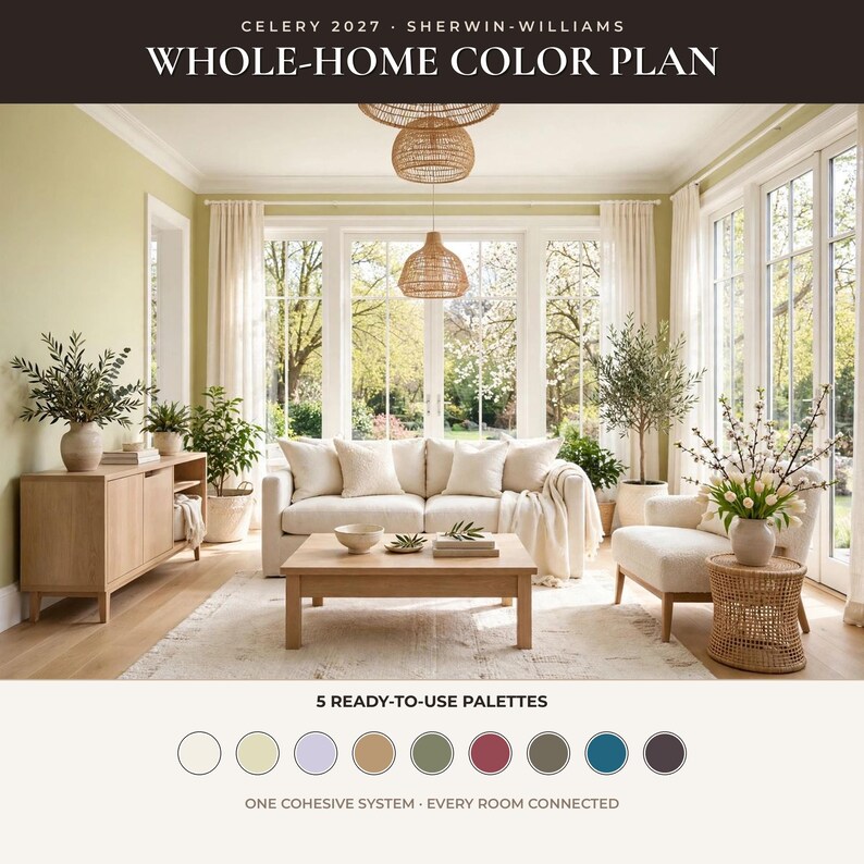 May include: A whole-home color plan by Sherwin-Williams titled Celery 2027. The image displays a living room with a light-colored sofa, wooden coffee table, and console, featuring five ready-to-use color palettes at the bottom.
