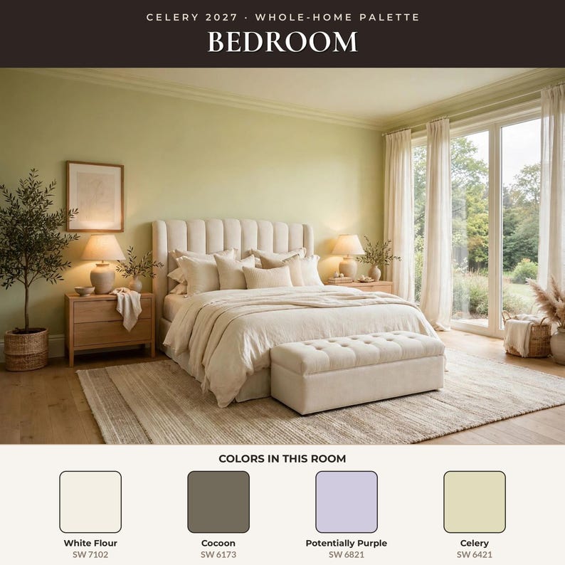 May include: A bedroom interior featuring a tufted headboard bed with cream bedding, a tufted bench, wooden nightstands, and lamps. Text reads: CELERY 2027 WHOLE-HOME PALETTE BEDROOM. Color swatches include White Flour, Cocoon, Potentially Purple, and Celery.