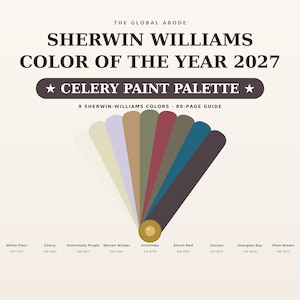 May include: A Sherwin Williams Color of the Year 2027 Celery Paint Palette guide featuring nine color swatches arranged in a fan shape. The text reads The Global Abode, Sherwin Williams Color of the Year 2027, Celery Paint Palette, and 9 Sherwin-Williams Colors 80-Page Guide.