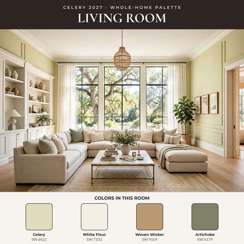 May include: A living room with light green walls, a large beige sectional sofa, and a marble-topped coffee table. Text reads: CELERY 2027 - WHOLE-HOME PALETTE LIVING ROOM. Color swatches labeled Celery, White Flour, Woven Wicker, and Artichoke.
