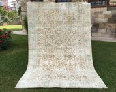 Antique Home Decor Vintage Anatolian Turkish Rug,Unique Oriental Patterns Low Pile Distressed 6 7 x9 9 Large Oushak Rug,Beige Blue Area Rug