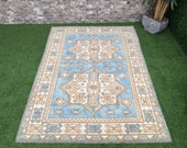Vintage Large Oushak Rug,Unique Hand Knotted Sky Blue Turkish Anatolian Rug,Silky Wool Dazzling Tribal Medallions Ushak Area Rug 4 6 x6 4