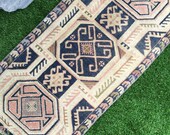 Vintage Small Geometric Oushak Rug,Wool Low Pile Distressed 1 8 x3 8 Blue Beige Turkish Rug,Master Bathroom Rug,Kitchen Rug,Front Door Rug