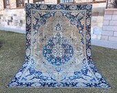 Rustic Home Decor Vintage Anatolian 7 3 x10 10 Large Oushak Rug,Tribal Medallion Low Pile Distressed Blue Antique Turkish Oriental Rug