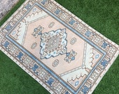 Vintage Home Decor Turkish Anatolian 2 8 x3 10 Small Oushak Rug,Unique Oriental Patterns Orange Blue Turkish Rug,Bathroom Rug,Office Rug
